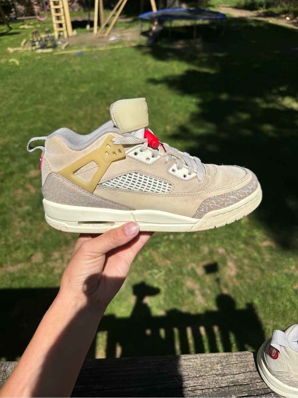 Jordan Kids Beige Suede Sneakers with Cream and Red Accent